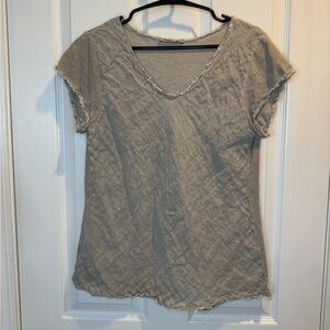Meo Meli Taupe Frayed Edge Linen Cotton Blend V Neck T Shirt Size M